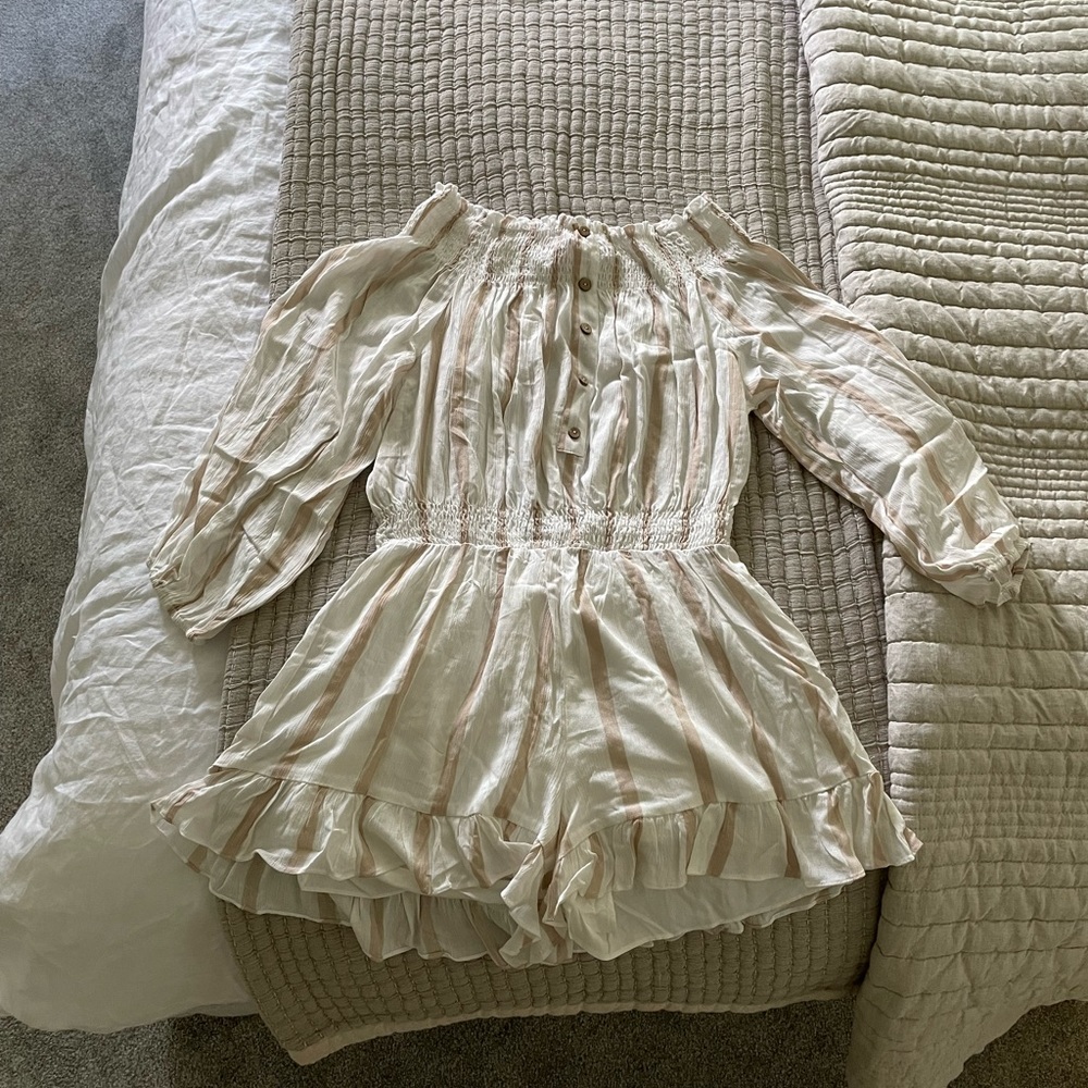 White and Taupe Striped Romper